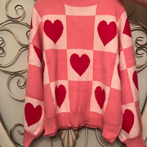 Valentines pink checkered and red hearts very hearts long sleeve sweater - Picture 6 of 7